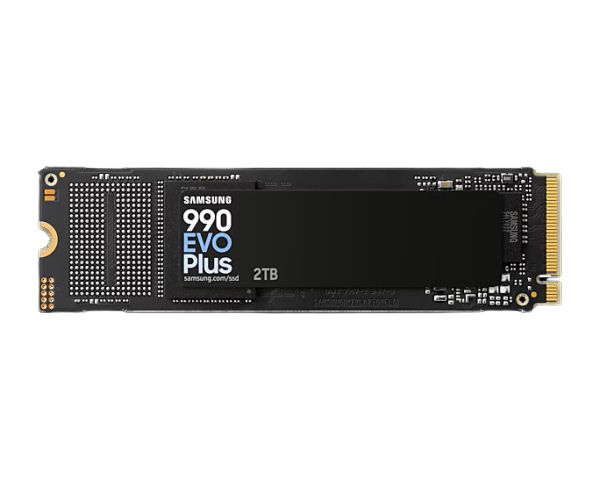 SAMSUNG 990 Evo Plus 2 TB NVMe SSD - Read Speed up to 7250 MB/s  Write Speed to up 6300 MB/s  Random Read up to 1000000 IOPS  Random Write up to 1350000 IOPS  PCIe® 4.0 x4 / 5.0 x2 NVMe 2.0  V-NAND TLC/ In-house controller/ HMB(Host Memory Buffer)