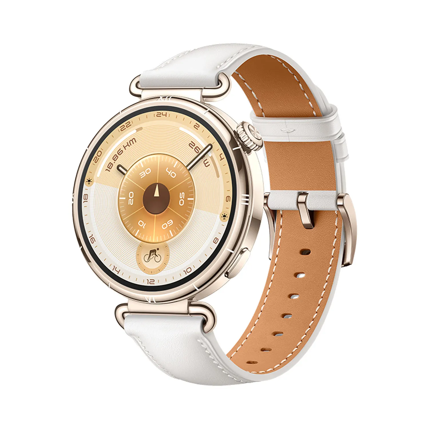 41mm / 1.32 inch AMOLED Colour Circular Screen / 466 x 466 Pixels PPI 352 / Front Case Stainless Steel  Rear Case Black Plastic / White Leather Strap / Android & iOS / 540 mAh / 55020FUJ